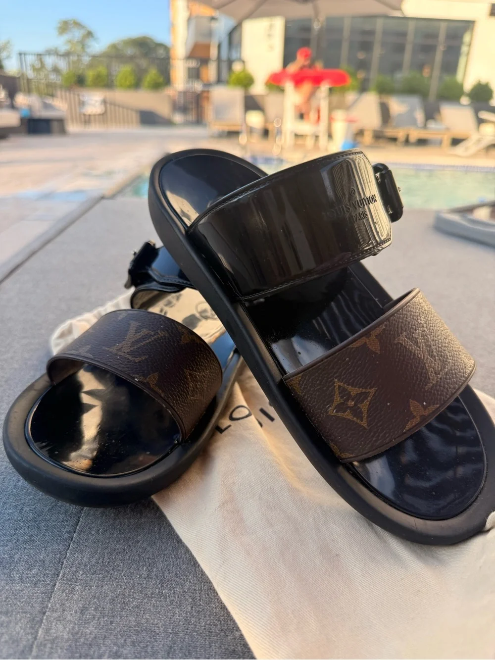 Louis Vuitton Black Patent & Brown Monogram Double-Strap Sandals
